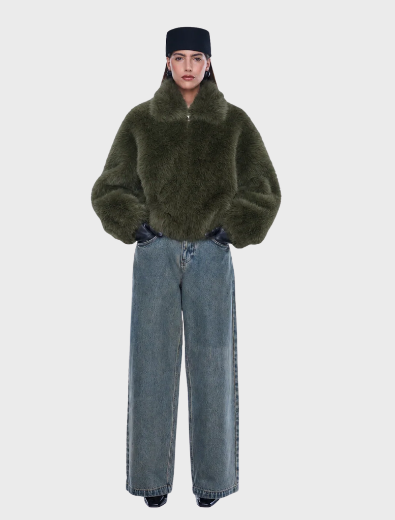  Olive faux fur bomber jacket with oversized fit, standard collar, and side pockets