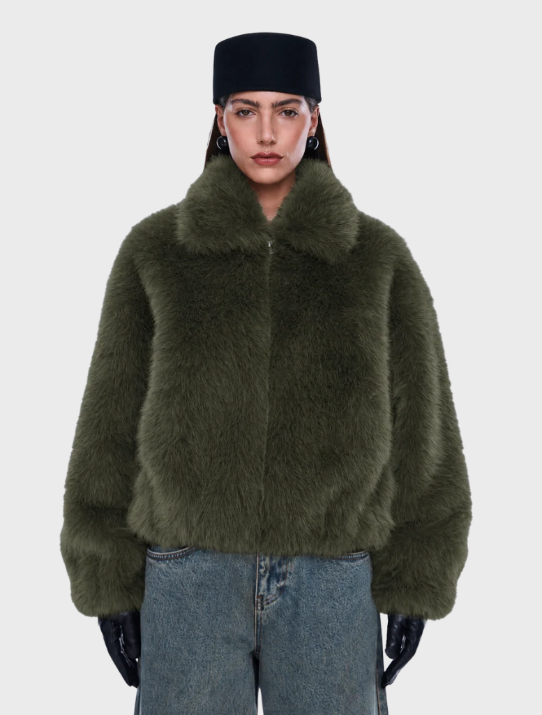 Oversized olive bomber jacket in faux fur, with a standard collar, front zipper, side pockets, and elasticated cuffs and hem.