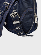 Casual dark blue denim shoulder bag, designed for functionality and style, ideal for daily use.