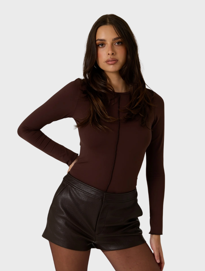 Stylish dark truffle vegan leather shorts, offering a modern look while promoting sustainable fashion.