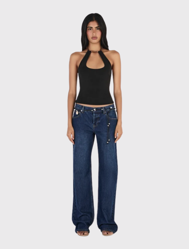 Black halterneck top with a keyhole front, low scooped back, and beaded neck tie, designed for a close-to-body fit.