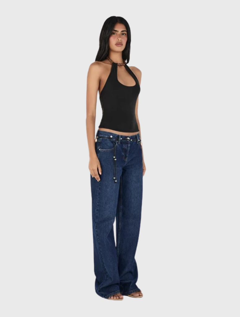 Close-fitting black halterneck top showcasing a keyhole detail at the front and a low scooped back with beaded ties.