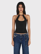 Fitted black halterneck top featuring a front keyhole detail and low scooped back with a beaded neck tie closure.