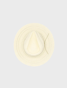 Elegant white Debra Fedora hat set against a simple background, emphasizing its stylish and timeless appearance.