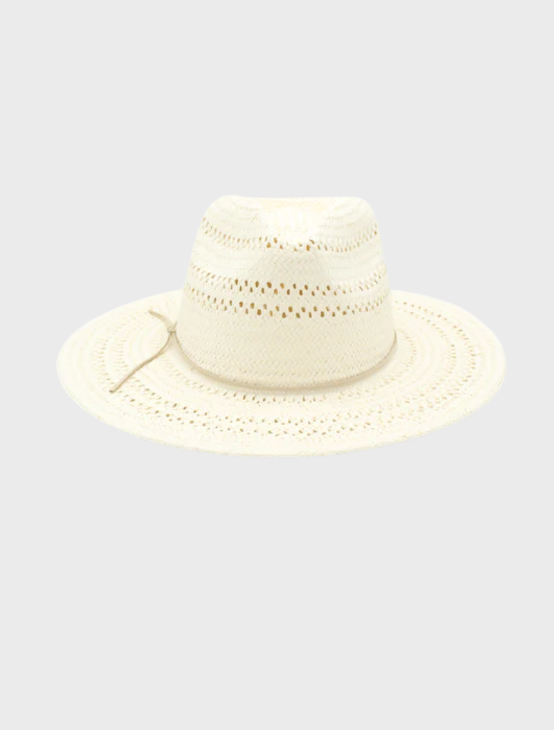Elegant white Debra Fedora hat set against a simple background, emphasizing its stylish and timeless appearance.
