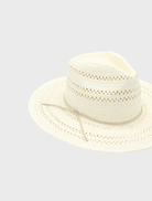 A white Debra Fedora hat, featuring a sleek design, positioned on a plain backdrop to highlight its sophistication.