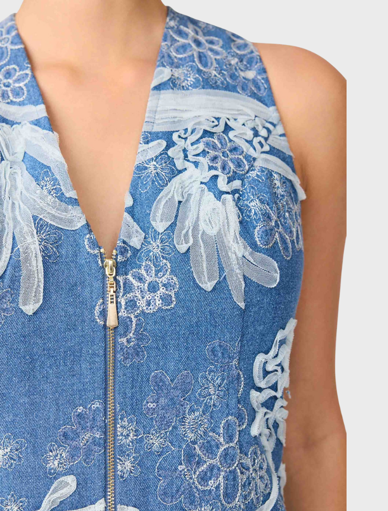 Blue and ivory Anneliese Denim Set, featuring a coordinated top and bottoms for a contemporary and stylish casual look.