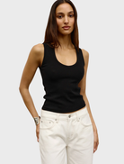 A black Devon tank top shown flat, highlighting its simple style and versatile wear for casual occasions.