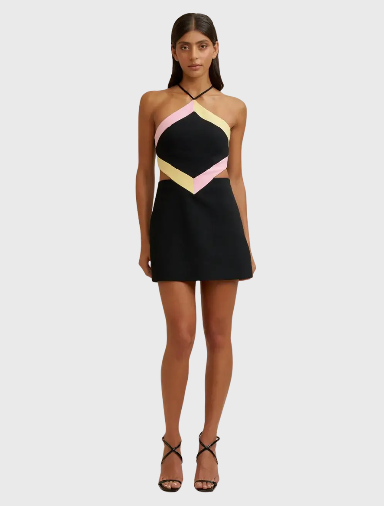 Black, pink, and orange Diamond Halter Mini Dress with a fitted silhouette, lace-up back, and subtle waist cut-outs.