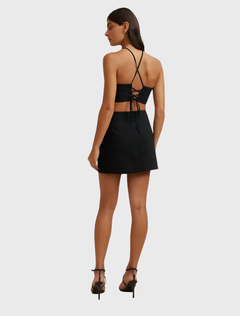 Structured Diamond Halter Mini Dress in black, pink, and orange, featuring a lace-up back and flattering fitted design.