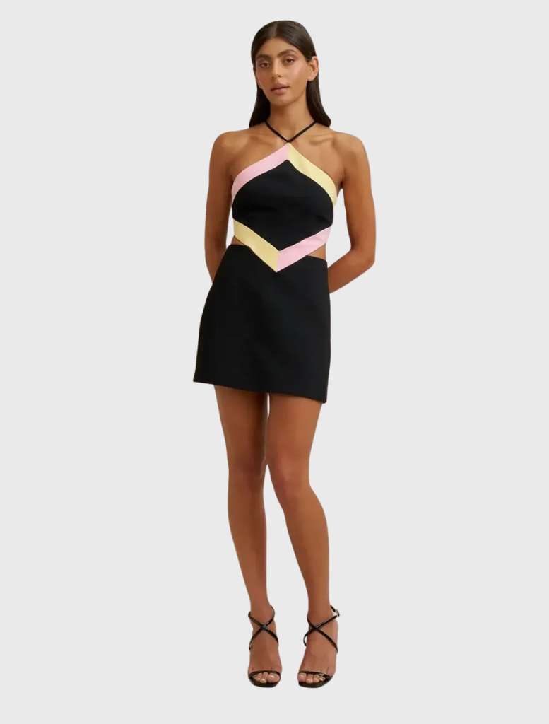 Diamond Halter Mini Dress in black, pink, and orange with a fitted silhouette, lace-up back, and subtle waist cut-outs.