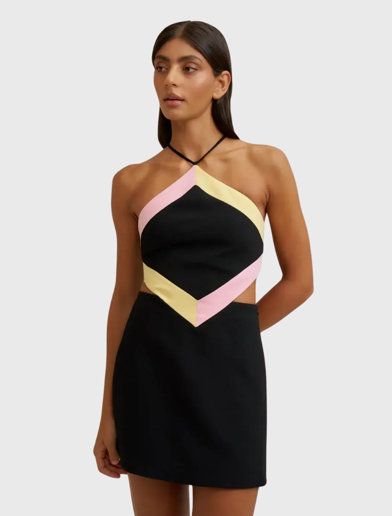 Bold Diamond Halter Mini Dress with contrasting panels, lace-up back, and waist cut-outs, ideal for special occasions.