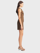 Stylish Asher Draped Mini Dress in Saddle, highlighting a contemporary draped design ideal for casual or formal events.