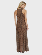 The Driftline Maxi Sun Dress displayed on a mannequin, featuring a colorful pattern ideal for warm weather occasions.