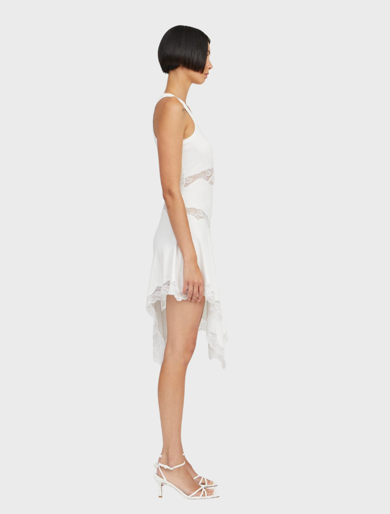 Stylish Echo Asymmetric Tank Dress featuring a fitted silhouette, draped hem, and delicate lace trim for a contemporary look.