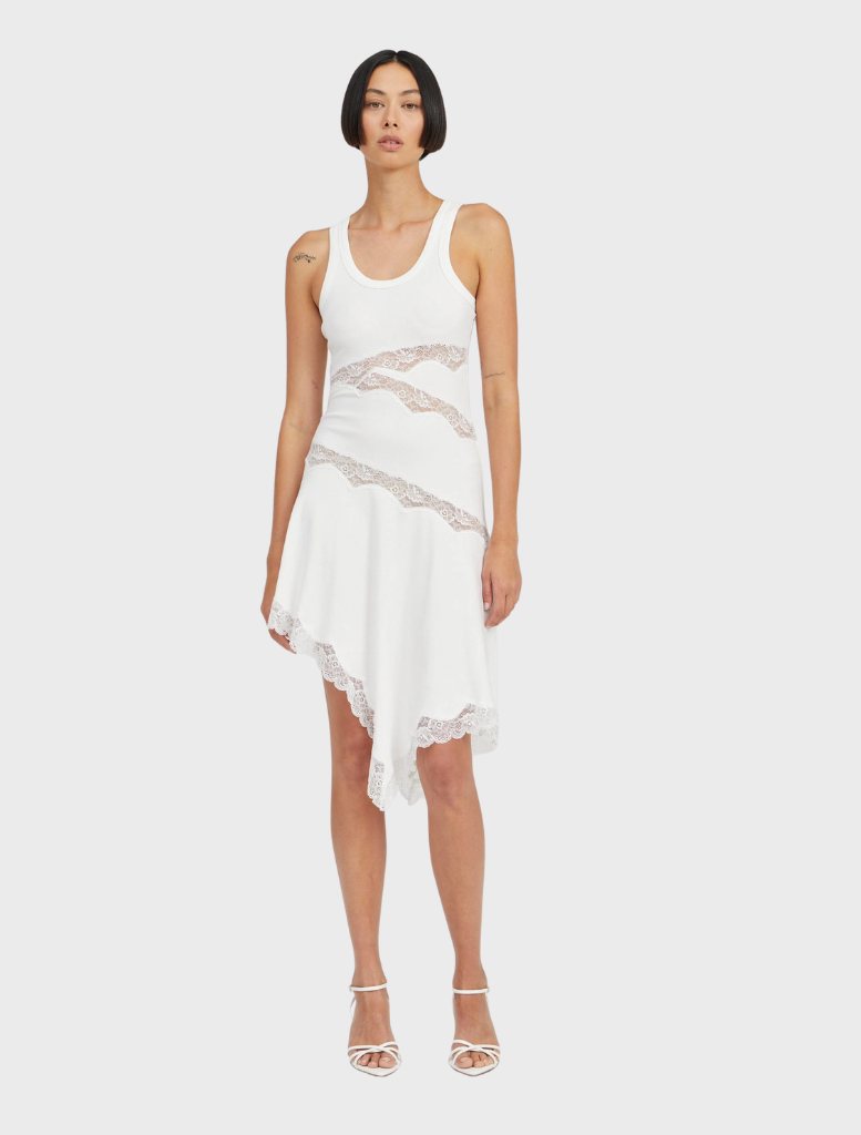 Fitted Echo Asymmetric Tank Dress with draped hem and sheer lace paneling, featuring fine lace trim along the hemline.