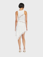 Chic Echo Asymmetric Tank Dress with a fitted design, asymmetric hem, and sheer lace accents, ideal for modern wear.