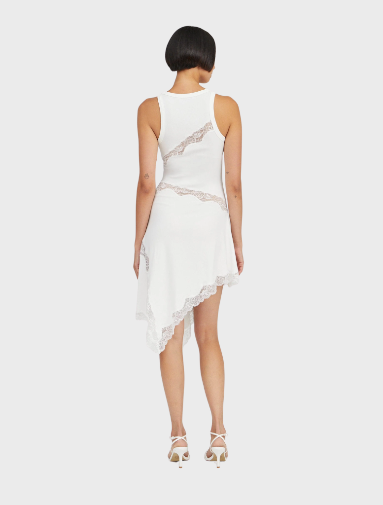 Chic Echo Asymmetric Tank Dress with a fitted design, asymmetric hem, and sheer lace accents, ideal for modern wear.