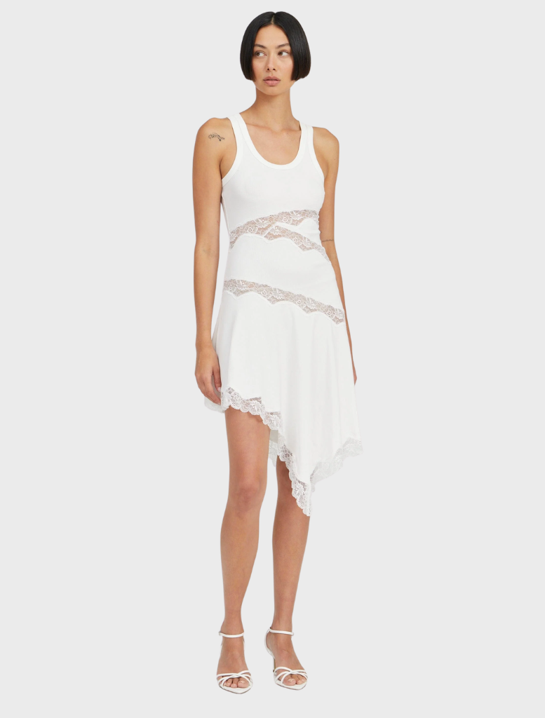 Modern Echo Asymmetric Tank Dress, showcasing a fitted silhouette, draped hem, and subtle lace detailing for effortless style.