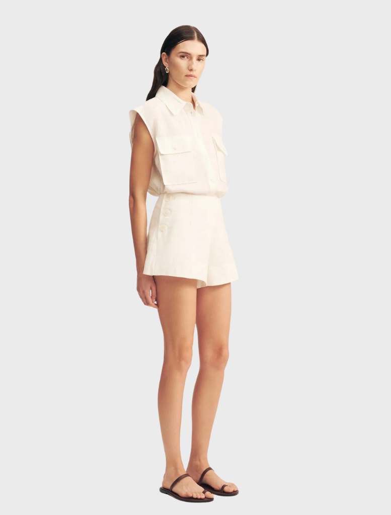 Classic ivory Eellington button-up short, perfect for layering or wearing alone in warm weather.