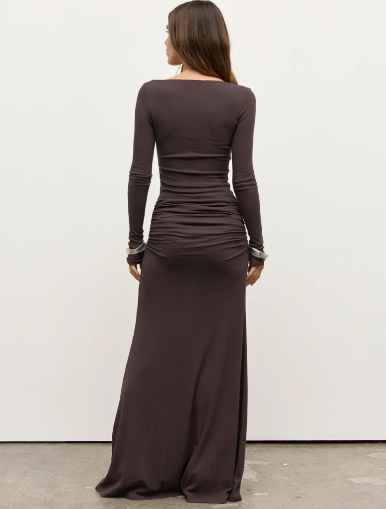 Auri Maxi Dress in a muted smoke shade, characterized by its flowing fabric and sophisticated style for any occasion.