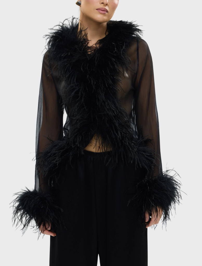Black Gigi Feather Blouse featuring delicate feather details, perfect for a stylish and elegant look.