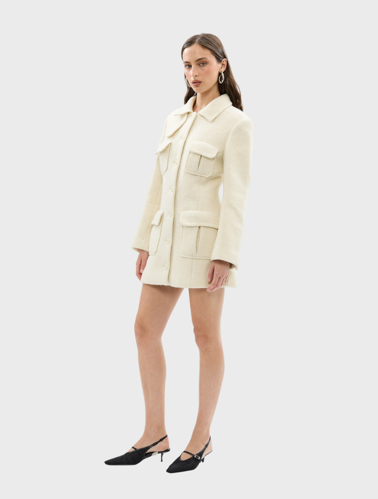 Stylish ivory Franca Wool Blazer Dress designed with a refined silhouette, ideal for both work and special occasions.