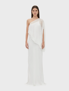 Sophisticated one-shoulder gown in a light cloud shade, designed for formal events and elegant gatherings.