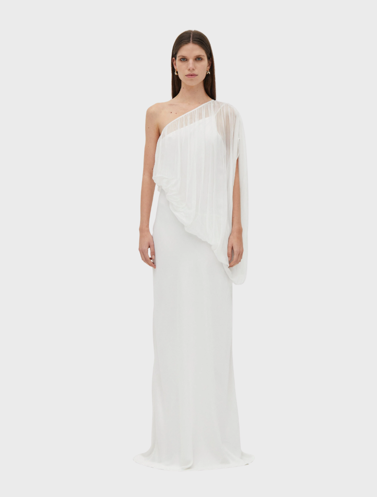 Sophisticated one-shoulder gown in a light cloud shade, designed for formal events and elegant gatherings.