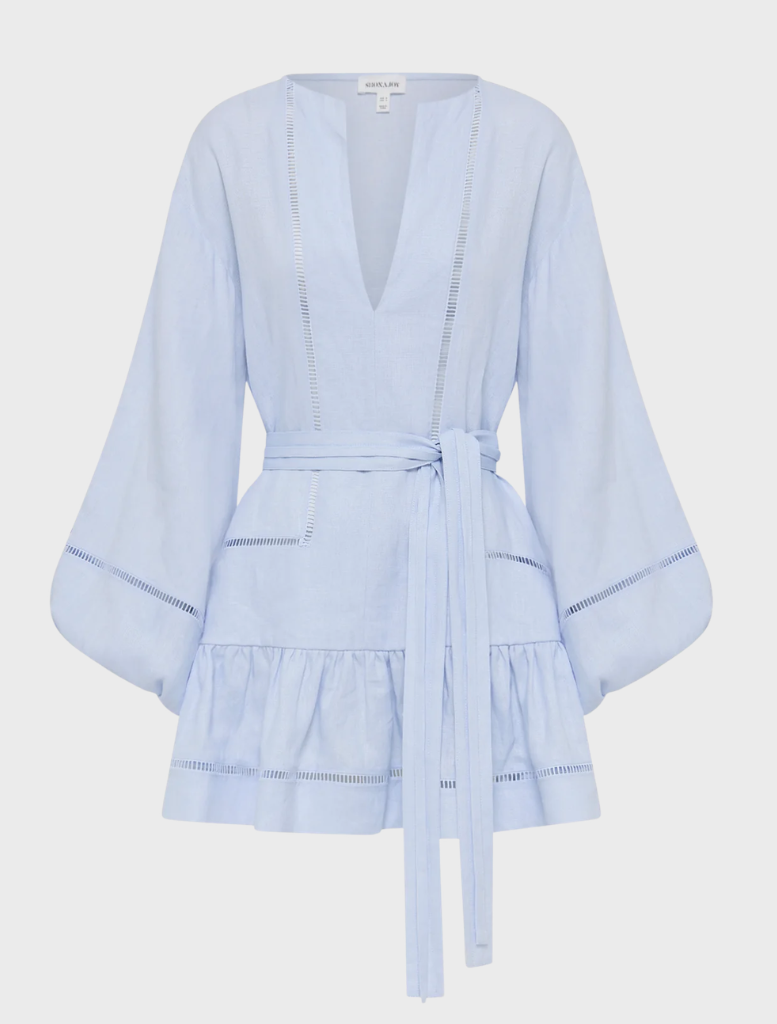 Stylish mini dress in sky blue, showcasing balloon sleeves and a flattering fit, perfect for various occasions.