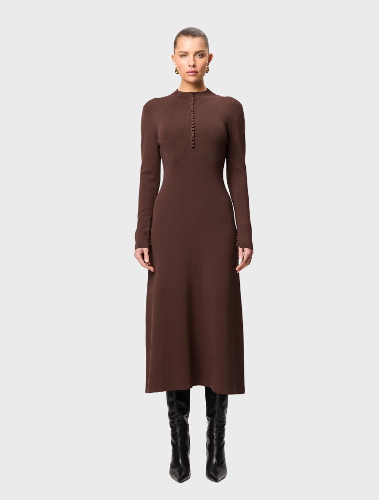 Chocolate-colored Windsor midi dress with a fitted bodice and flowing skirt, perfect for elegant occasions.