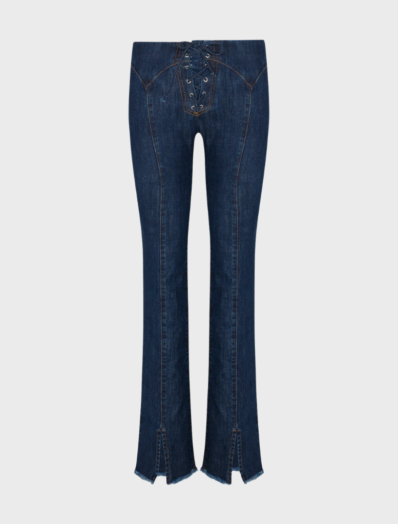 Close-up of dark wash Element lace-up jeans, highlighting the intricate lace-up detail and denim texture.