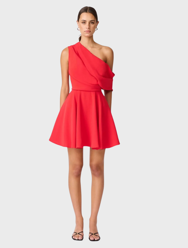 Red one-shoulder mini dress featuring a fitted silhouette and elegant design, perfect for a stylish evening out.
