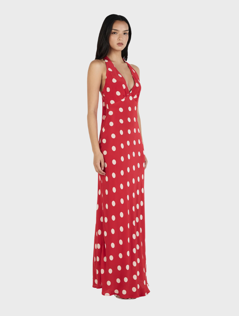 Stylish red polka dot maxi dress, designed for a relaxed fit, suitable for both casual and semi-formal occasions.