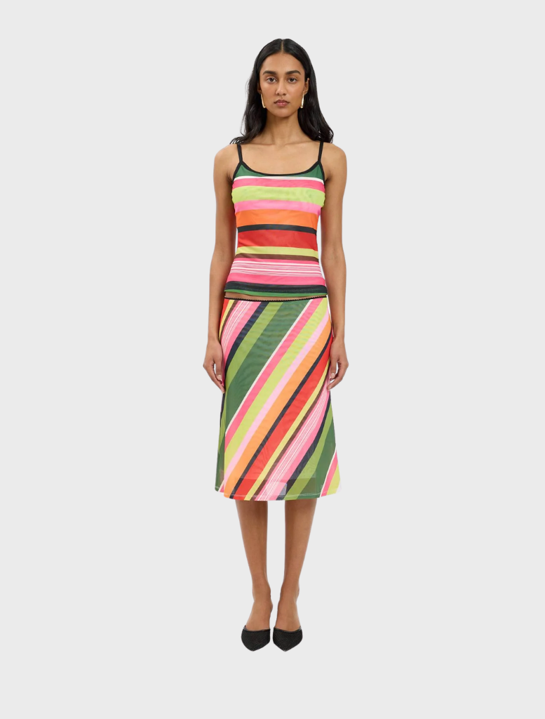 A fashionable mesh midi skirt in emerald green with vertical stripes, ideal for a chic and modern look.