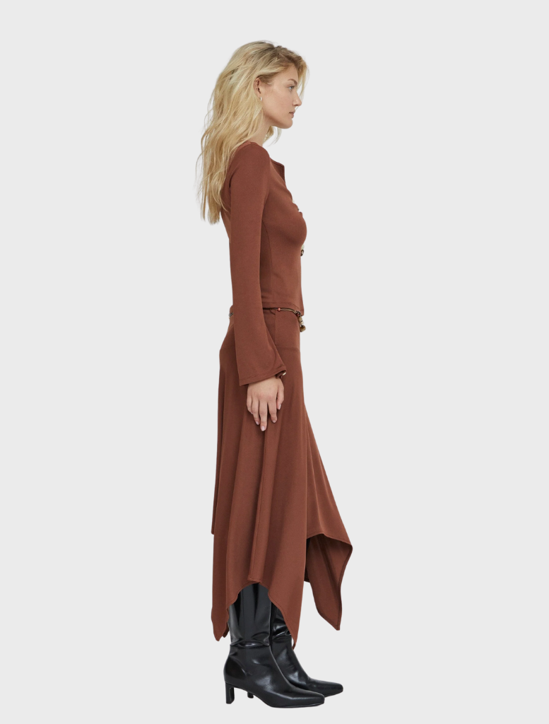 Espresso Prism blouse laid flat, emphasizing its sleek design and rich color.