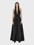 Black Evalina Taffeta gown featuring a sophisticated design and graceful draping, ideal for evening events.