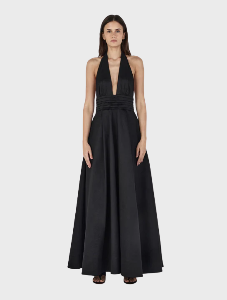 Black Evalina Taffeta gown featuring a sophisticated design and graceful draping, ideal for evening events.