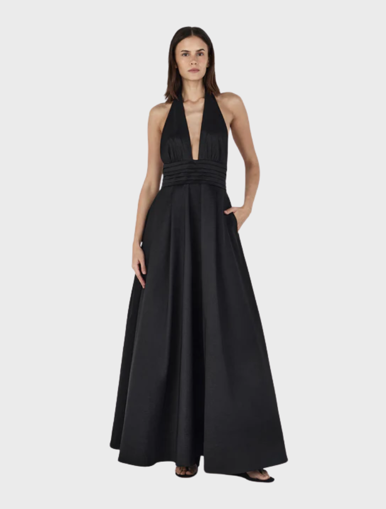 Elegant black Evalina Taffeta gown with a flowing silhouette and intricate detailing, perfect for formal occasions.