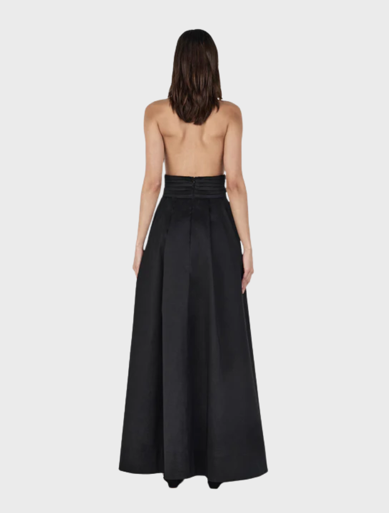 Stunning black Evalina Taffeta gown showcasing a classic style with refined details, suitable for special occasions.