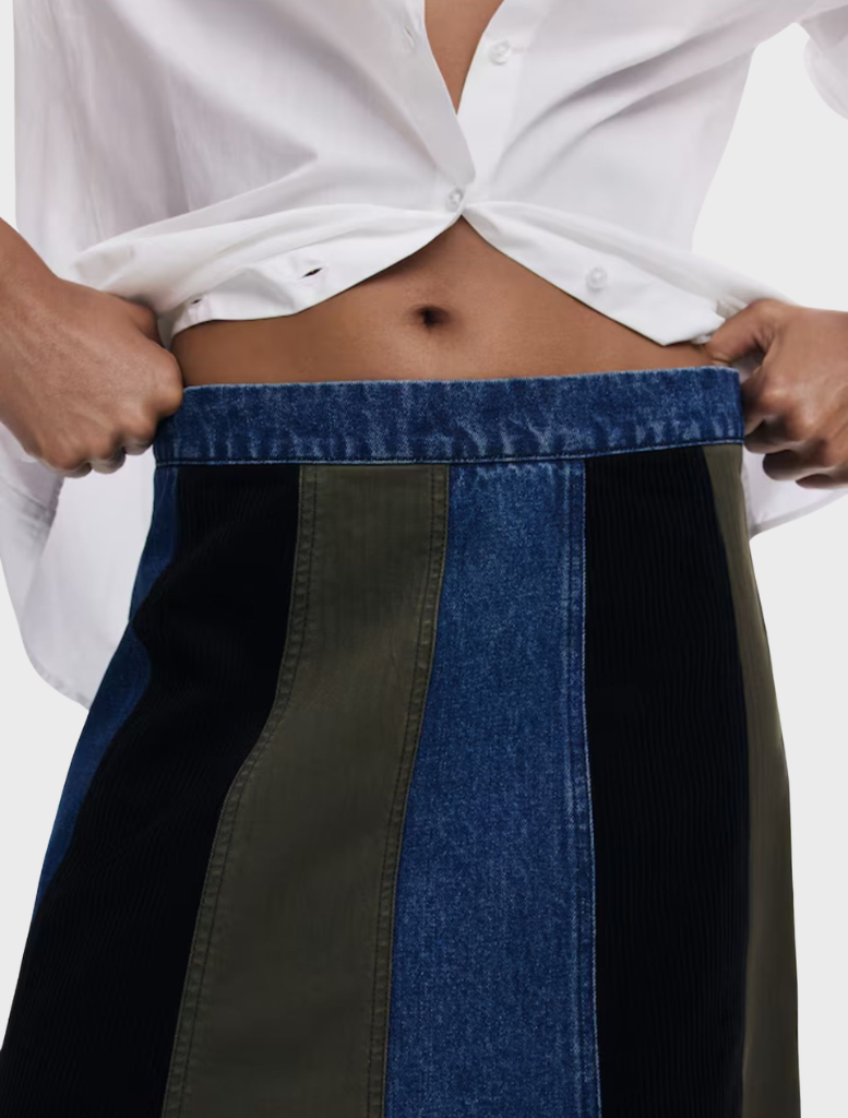 Multi-hued Evase skirt displayed, illustrating its elegant flow and diverse color patterns.