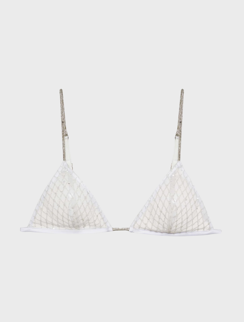 White bralette embellished with glitter, offering a chic and radiant fashion statement.