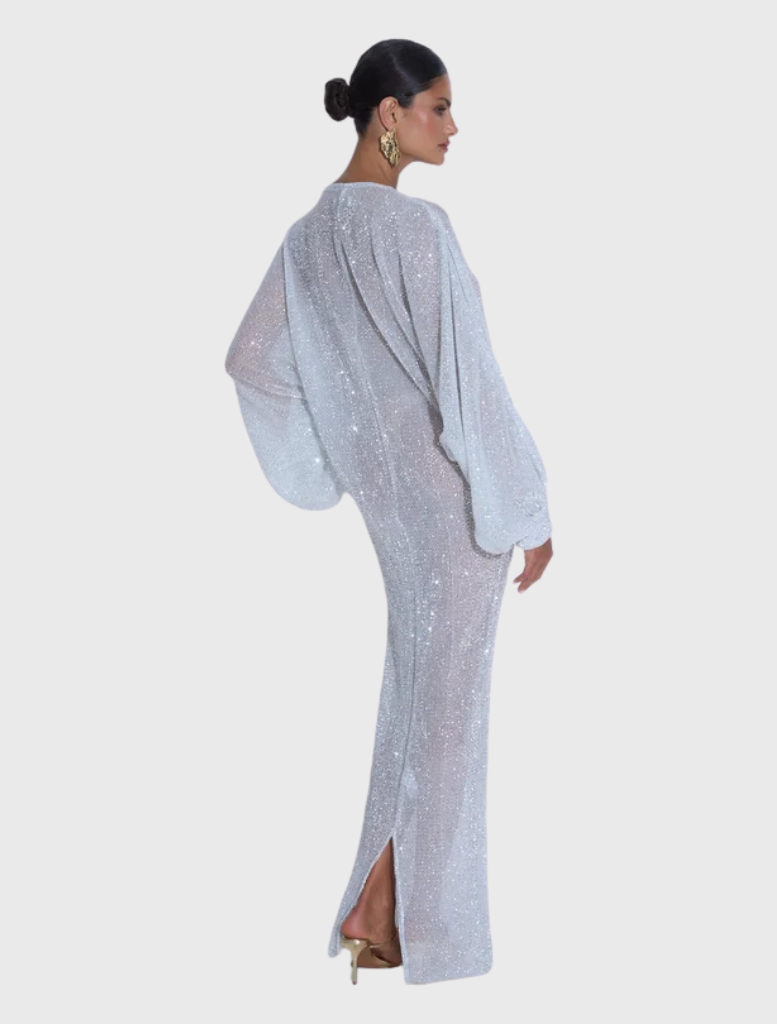 Floor-length gown with a plunging neckline and long sleeves, crafted from delicate sparkle colour fabric for a sophisticated appearance.