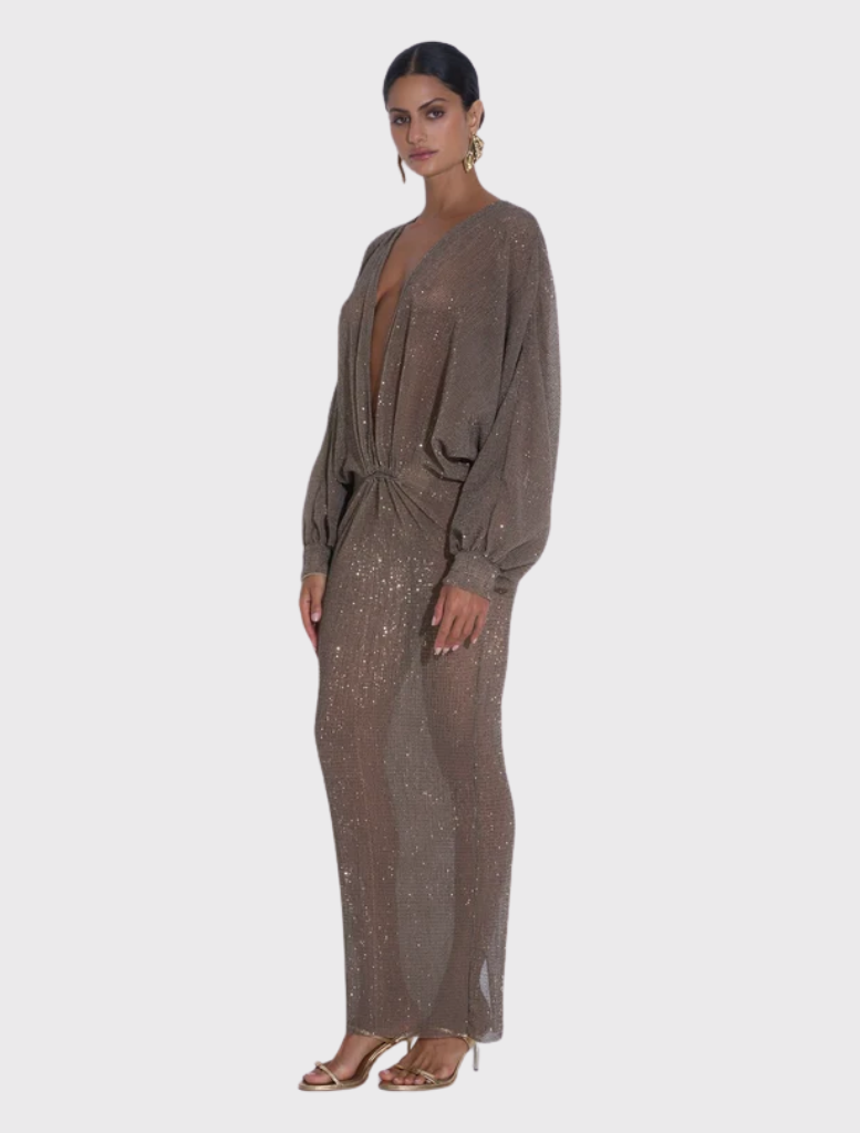 Floor-length gown with a plunging neckline and long sleeves, crafted from delicate smoke sequin fabric for a sophisticated appearance.