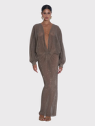 Floor-length Experimental Gown in smoke sequin, featuring a plunging neckline and voluminous long sleeves for modern elegance.