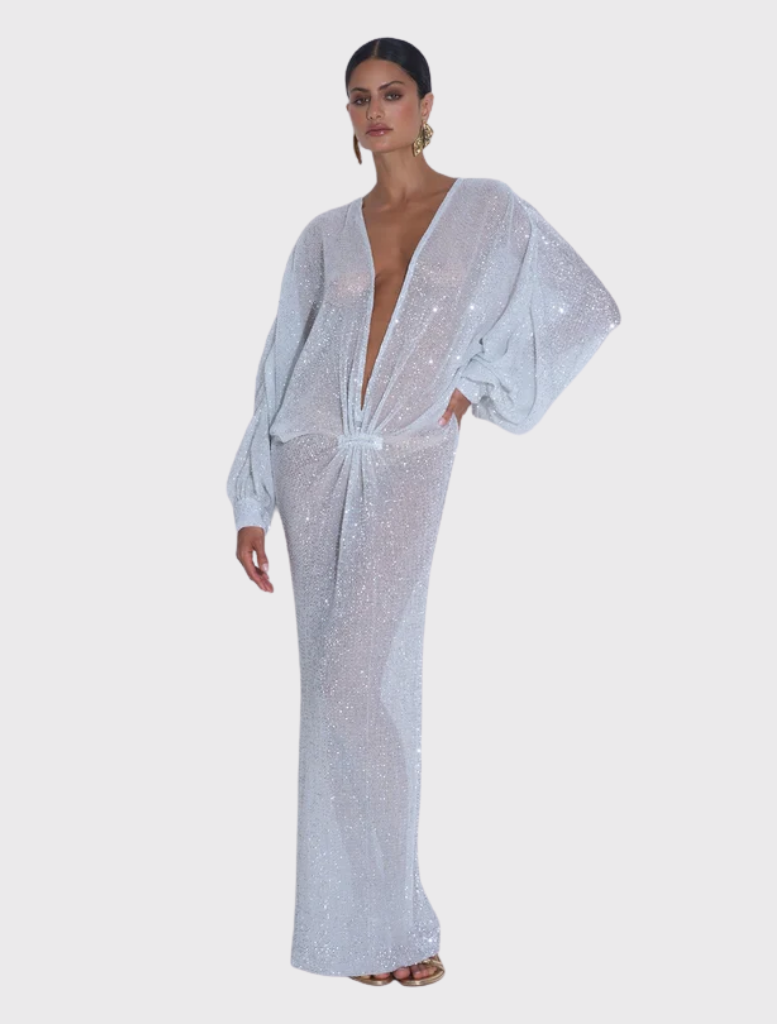 Floor-length Experimental Gown in sparkle, featuring a plunging neckline and voluminous long sleeves for modern elegance.