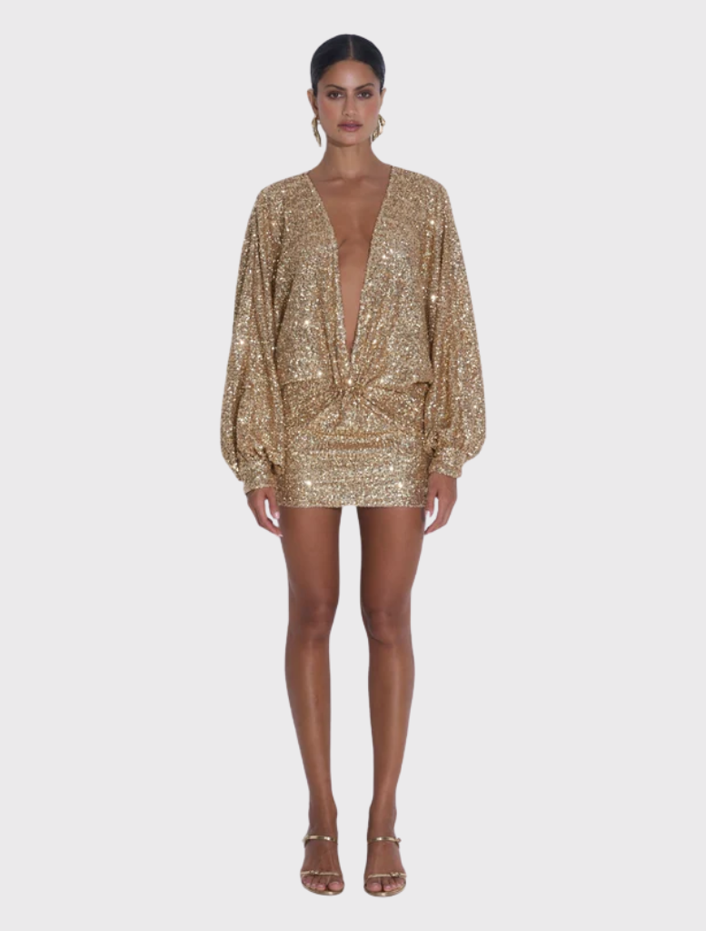 Elegant gold sequin mini dress with a plunging neckline, long sleeves, and a flowing design, perfect for special occasions.
