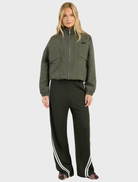 Structured olive check zip jacket with a funnel neck and two-way zip, offering a relaxed fit and modern design elements.