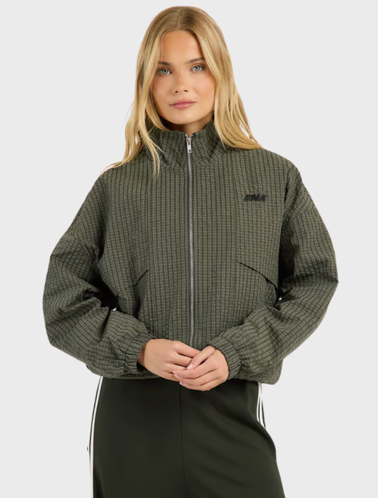 Olive check zip-through jacket featuring a funnel neck, two-way zip, and angled welt pockets for a relaxed fit.
