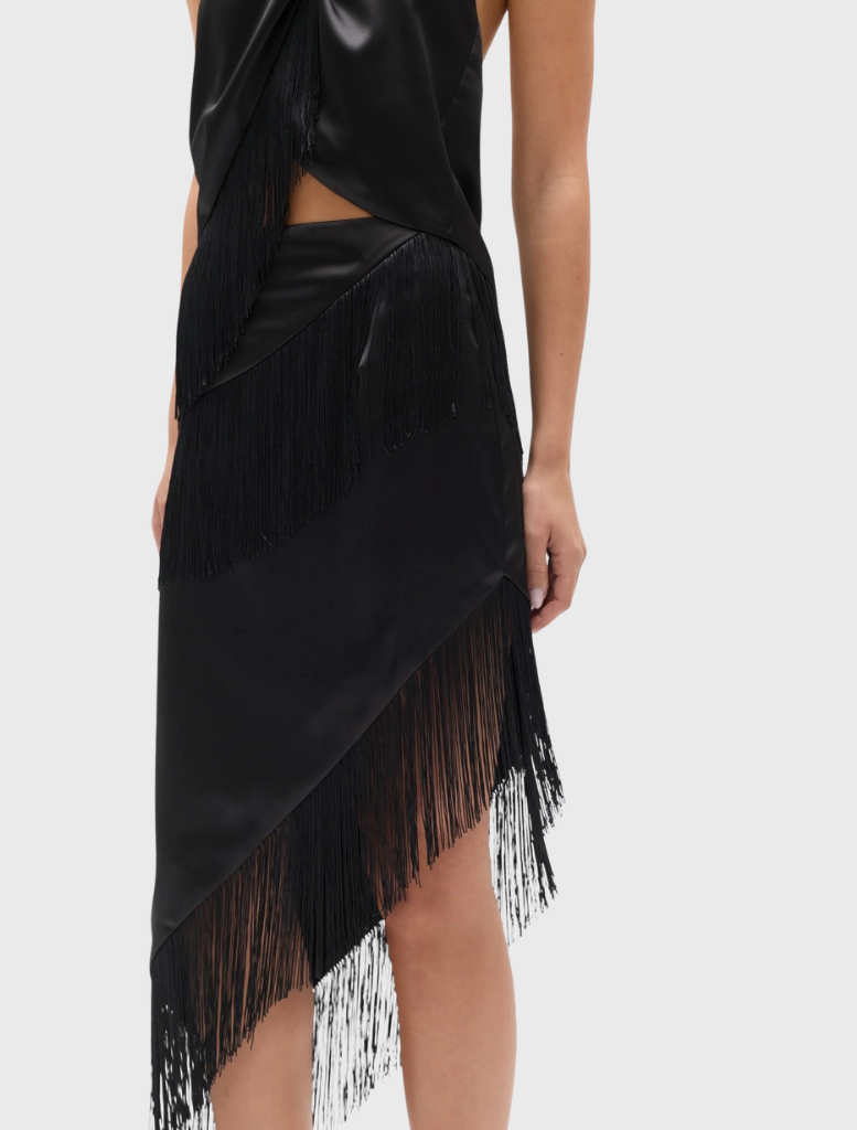 Elegant black midi skirt showcasing an asymmetric design, layered fringe, and a clean fitted waistband for a stylish look.
